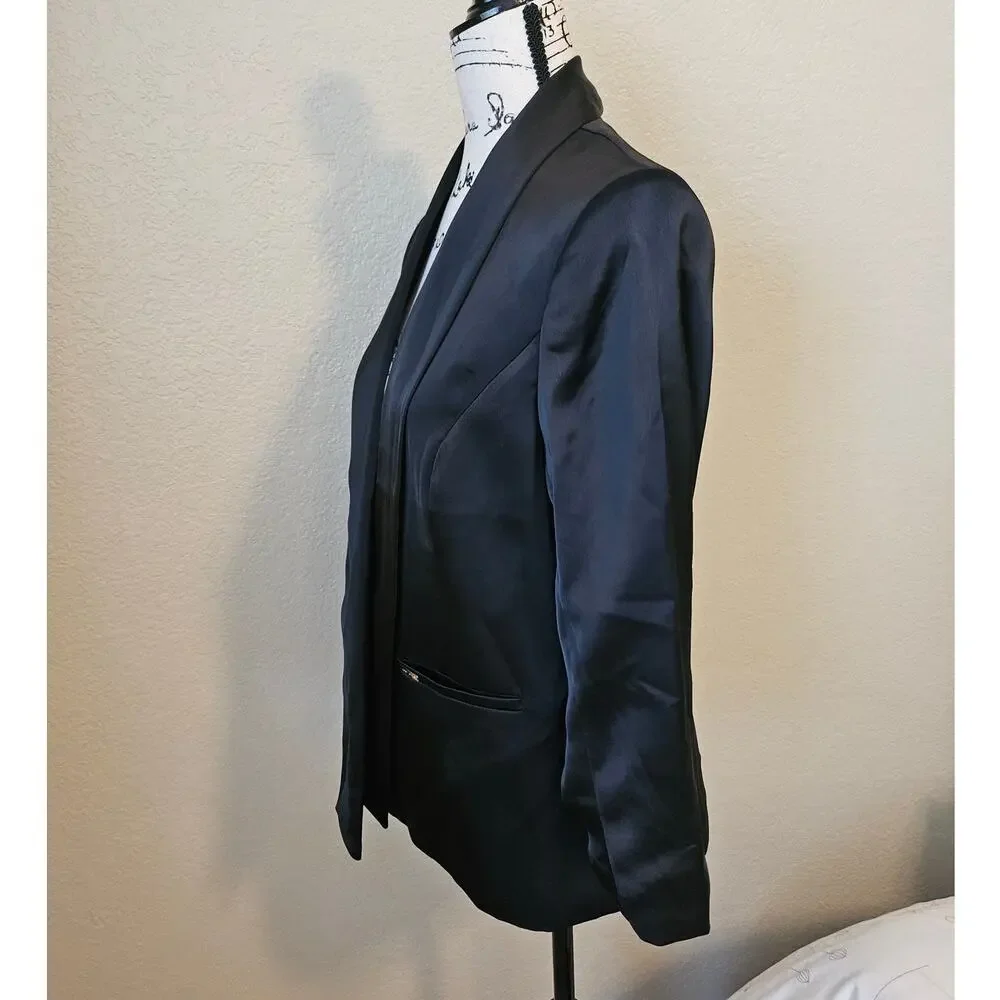 Black Satin Anne Klien Open Jacket, Pockets, Fully Lined, Medium